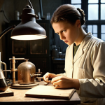 **

Young Marie Curie in a dimly lit, cluttered laboratory in Paris. She is diligently working with crude equipment, processing pitchblende. Focus on her determined expression and the harsh working conditions, highlighting her passion for science despite the adversity. Include Pierre Curie assisting her.

**