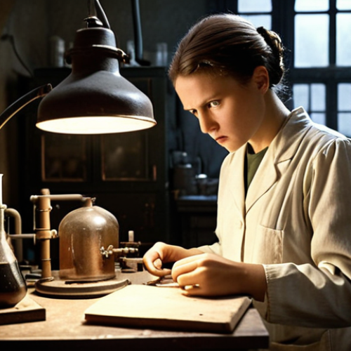 Home 4 **
Young Marie Curie in a dimly lit, cluttered laboratory in Paris. She is diligently working with crude equipment, processing pitchblende. Focus on her determined expression and the harsh working conditions, highlighting her passion for science despite the adversity. Include Pierre Curie assisting her.
**
