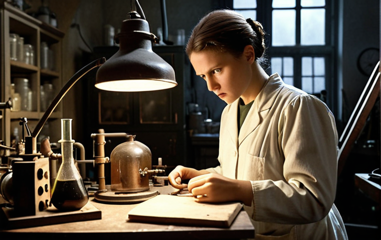 **

Young Marie Curie in a dimly lit, cluttered laboratory in Paris. She is diligently working with crude equipment, processing pitchblende. Focus on her determined expression and the harsh working conditions, highlighting her passion for science despite the adversity. Include Pierre Curie assisting her.

**