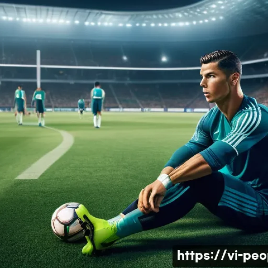 크리스티아누 호날두 글로벌 팬층 - A dynamic and detailed portrait of Cristiano Ronaldo training intensely on a modern football pitch u...