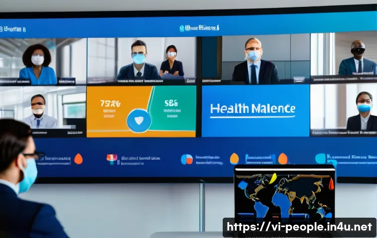 빌 게이츠 코로나19 대응 - A detailed digital illustration of an international health alliance meeting during the COVID-19 pand...