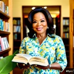 오프라 윈프리 책 추천 - Photorealistic editorial portrait of Oprah Winfrey warmly presenting a curated stack of Vietnamese-l...