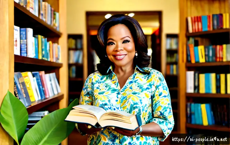 오프라 윈프리 책 추천 - Photorealistic editorial portrait of Oprah Winfrey warmly presenting a curated stack of Vietnamese-l...