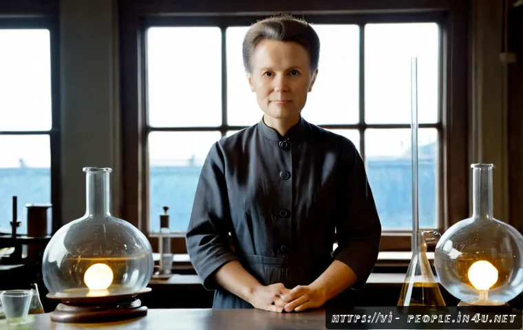 마리 퀴리 여성 과학자 - Photorealistic historical portrait of Marie Curie, a determined female scientist in modest early-190...