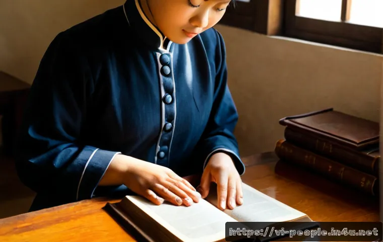 헬렌 켈러 자서전 - Photorealistic historical-inspired scene of a young deafblind woman in modest early 20th-century clo...
